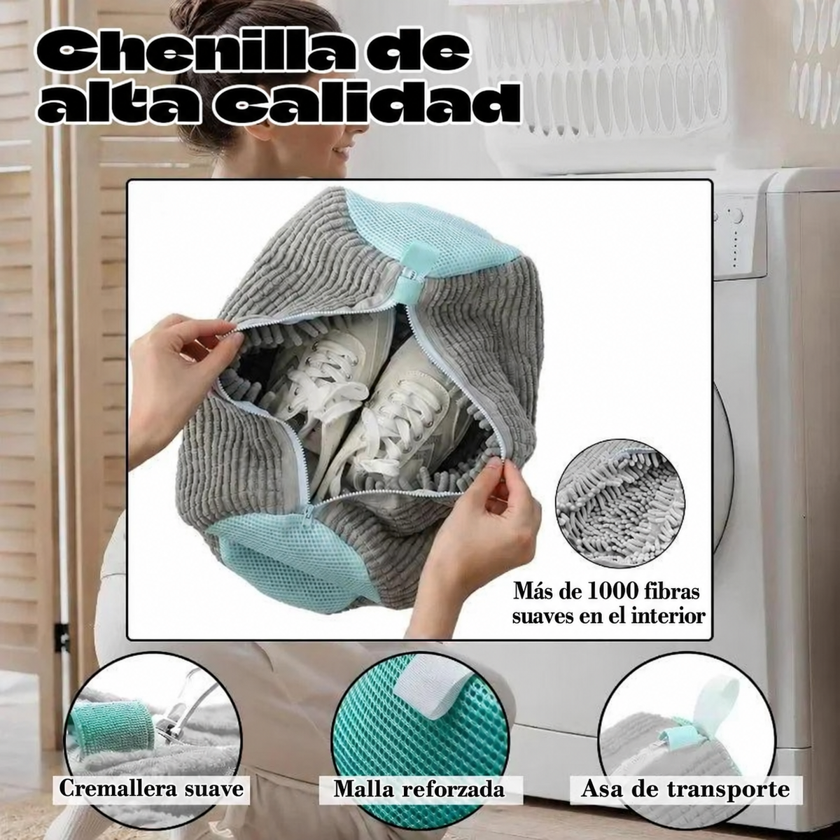 Detalles de la bolsa: chenilla, cremallera, malla reforzada y asa