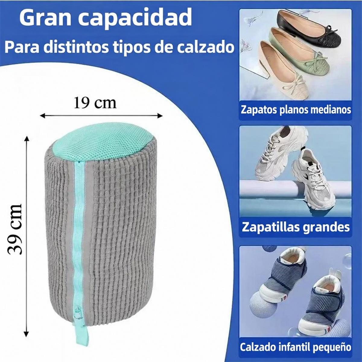 Medidas de la bolsa gris: 19 cm de ancho y 39 cm de largo